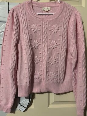 Light Pink Cable Knit Floral Appliqué Crewneck Sweater